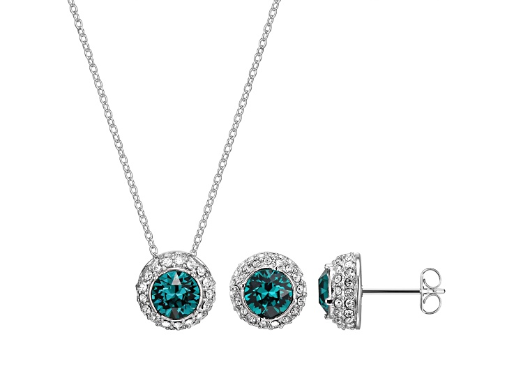 Green and White Crystal Rhodium Over Brass Pendant With Chain and Stud Earring Set 2.94cttw