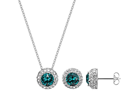Green and White Crystal Rhodium Over Brass Pendant With Chain and Stud Earring Set 2.94cttw