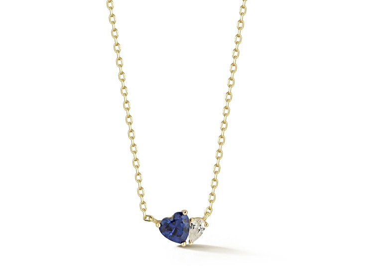 Rachel Zoe 14K Yellow Gold Over Sterling Silver 2-Stone Heart Necklace with Blue Cubic Zirconia