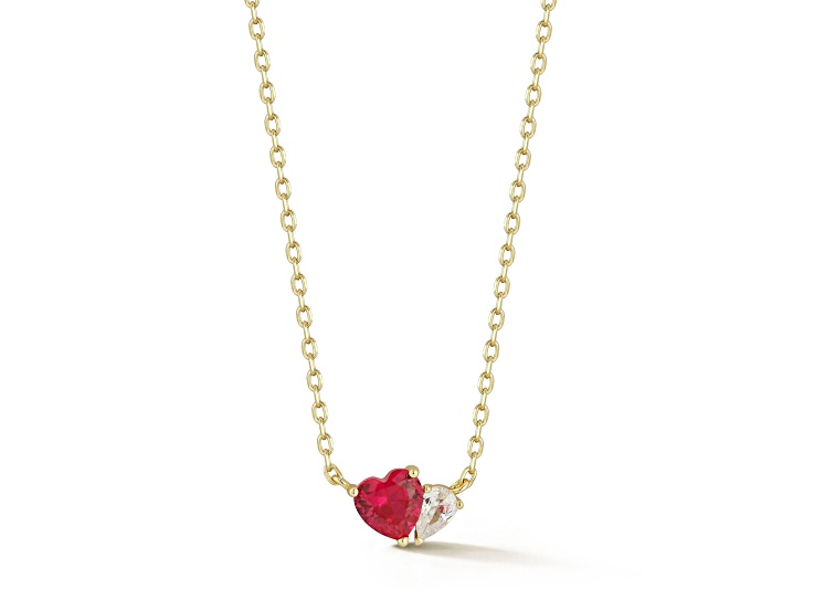 Rachel Zoe 14K Yellow Gold Over Sterling Silver 2-Stone Heart Necklace with Red Cubic Zirconia