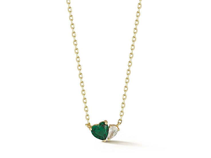 Rachel Zoe 14K Yellow Gold Over Sterling Silver 2-Stone Heart Necklace with Green Cubic Zirconia