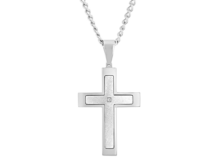 Stainless Steel and Diamond Accent Stacked Cross Pendant With Chain
