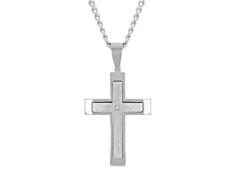Gunmetal Stainless Steel and Diamond Accent Stacked Cross Pendant With Chain