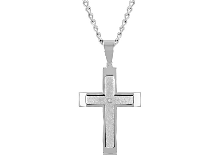 Gunmetal Stainless Steel and Diamond Accent Stacked Cross Pendant With Chain