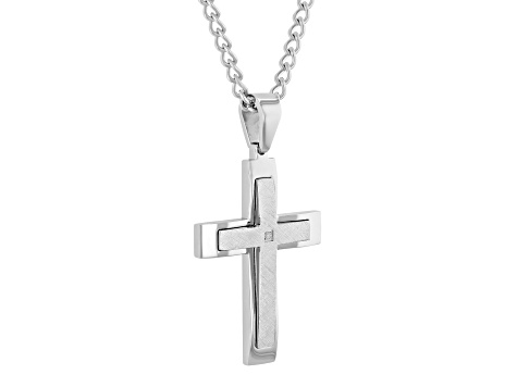 Gunmetal Stainless Steel and Diamond Accent Stacked Cross Pendant With Chain