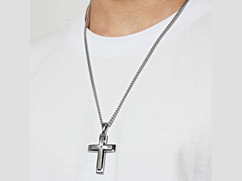 Gunmetal Stainless Steel and Diamond Accent Stacked Cross Pendant With Chain