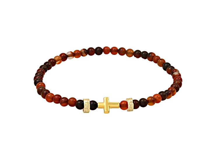 Men's Red Tiger Eye and 14K Yellow Gold Over Sterling Silver Stretch Cross Bracelet