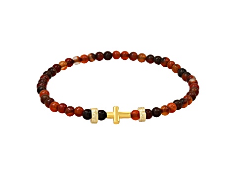 Men's Red Tiger Eye and 14K Yellow Gold Over Sterling Silver Stretch Cross Bracelet