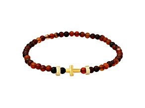 Men's Red Tiger Eye and 14K Yellow Gold Over Sterling Silver Stretch Cross Bracelet