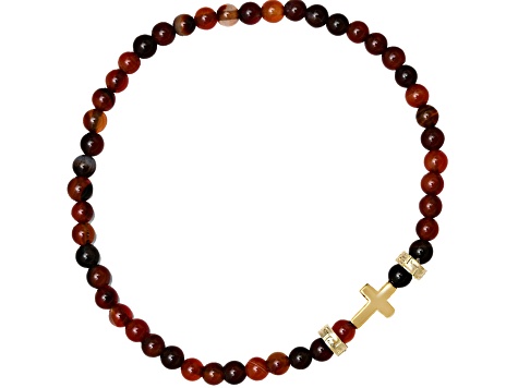 Men's Red Tiger Eye and 14K Yellow Gold Over Sterling Silver Stretch Cross Bracelet