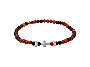 Men's Red Tiger Eye and Sterling Silver Stretch Cross Bracelet