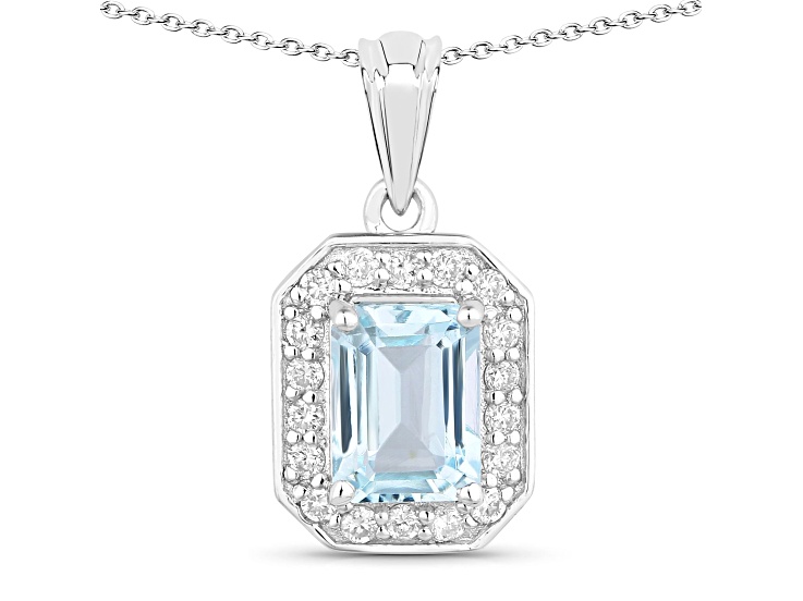 Aquamarine and Lab Grown Diamond Rhodium Over Sterling Silver Pendant with Chain 0.98ctw