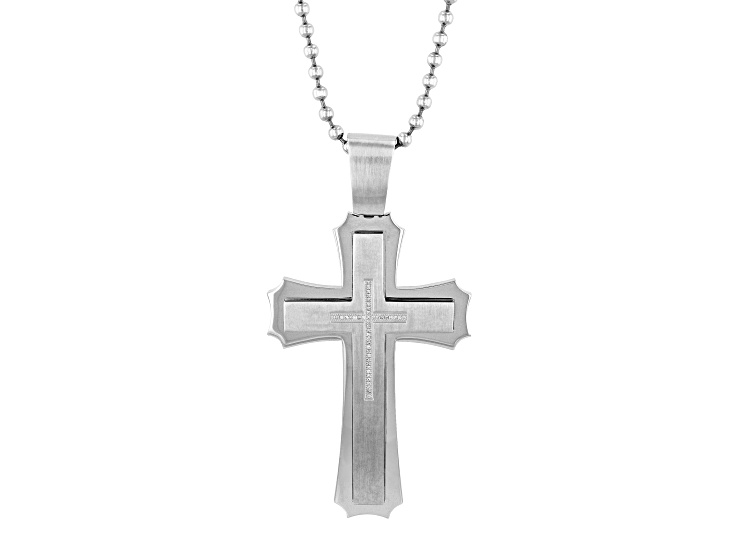 Stainless Steel and Diamond Stacked XL Cross Pendant With Chain 0.25ctw