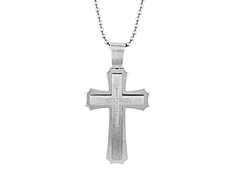 Stainless Steel and Diamond Stacked XL Cross Pendant With Chain 0.25ctw