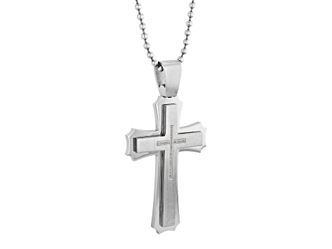Stainless Steel and Diamond Stacked XL Cross Pendant With Chain 0.25ctw
