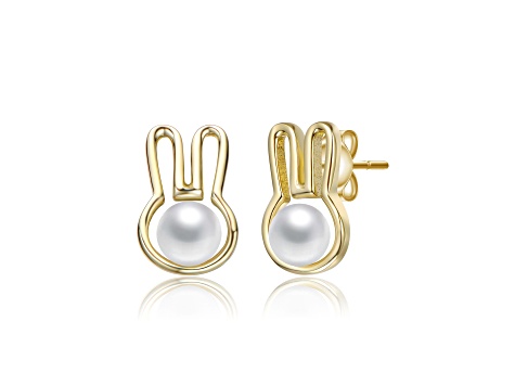 White Mother of Pearl, 14K Gold Plated over Brass Bunny Stud Earrings for Kids