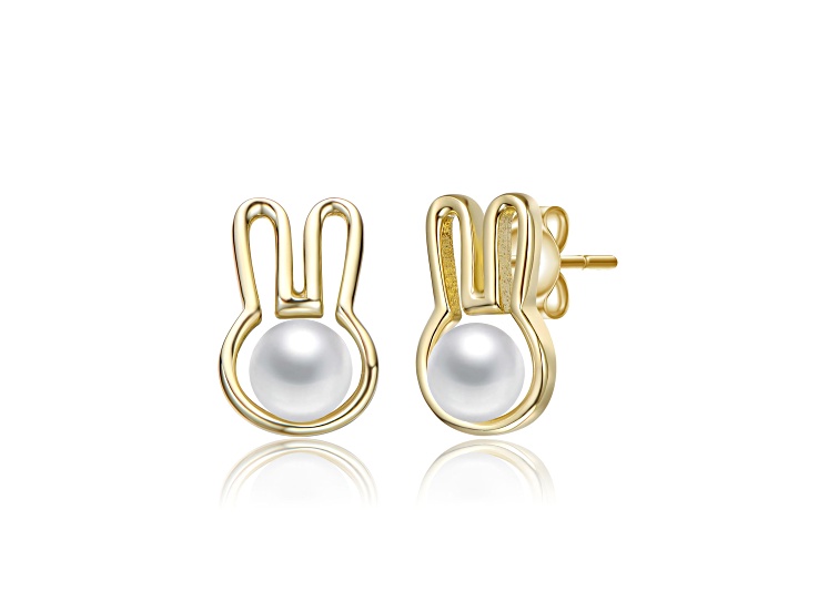 White Mother of Pearl, 14K Gold Plated over Brass Bunny Stud Earrings for Kids