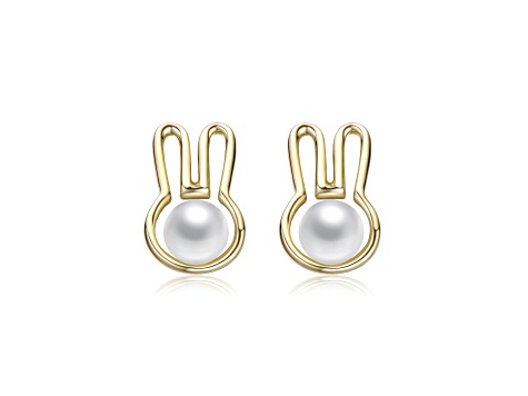 White Mother of Pearl, 14K Gold Plated over Brass Bunny Stud Earrings for Kids