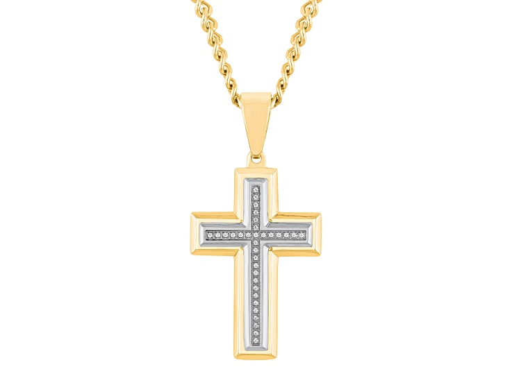 Yellow Ion-Plated Stainless Steel and White Diamond Cross Pendant With Chain 0.10ctw