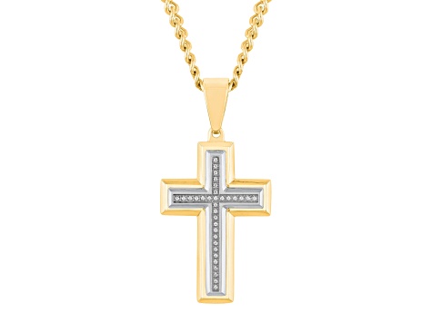 Yellow Ion-Plated Stainless Steel and White Diamond Cross Pendant With Chain 0.10ctw