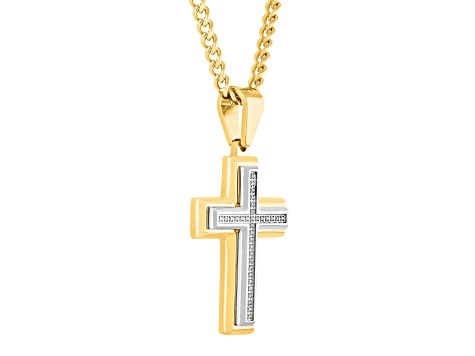 Yellow Ion-Plated Stainless Steel and White Diamond Cross Pendant With Chain 0.10ctw