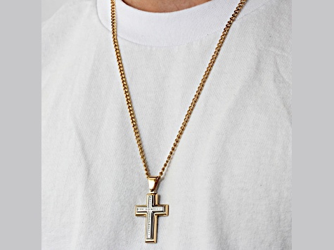 Yellow Ion-Plated Stainless Steel and White Diamond Cross Pendant With Chain 0.10ctw