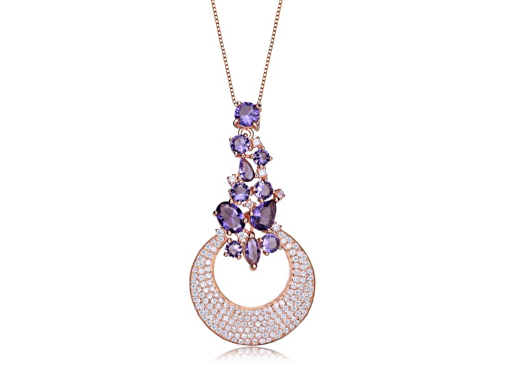 Clear and Purple Cubic Zirconia , 18K Rose Gold Plated over Sterling Silver Pendant Necklace