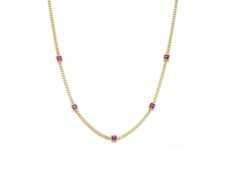 Ruby Red Square Cubic Zirconia, 14K Gold Plated over Brass with Accents Chain Necklace