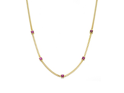 Ruby Red Square Cubic Zirconia, 14K Gold Plated over Brass with Accents Chain Necklace