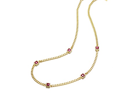 Ruby Red Square Cubic Zirconia, 14K Gold Plated over Brass with Accents Chain Necklace