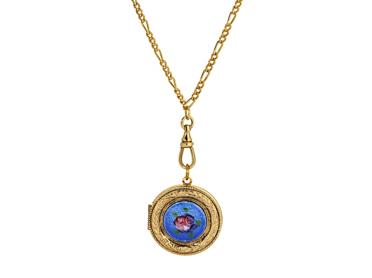 Gold Tone Pink Flower Blue Decal Locket Pendant with Chain