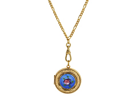 Gold Tone Pink Flower Blue Decal Locket Pendant with Chain