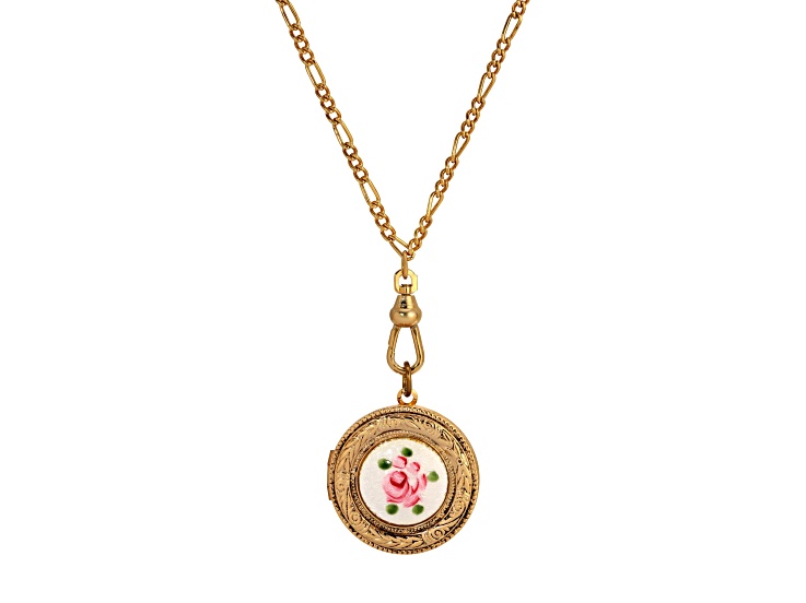 Gold Tone Pink Flower White Decal Locket Pendant with Chain