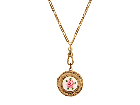 Gold Tone Pink Flower White Decal Locket Pendant with Chain
