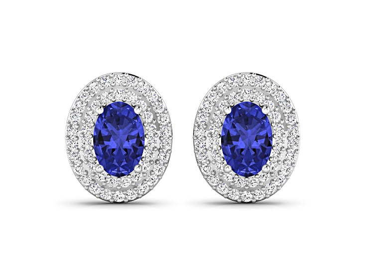 Violet Blue Tanzanite and White Diamond 14K White Gold Halo Stud Earrings