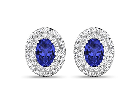 Violet Blue Tanzanite and White Diamond 14K White Gold Halo Stud Earrings