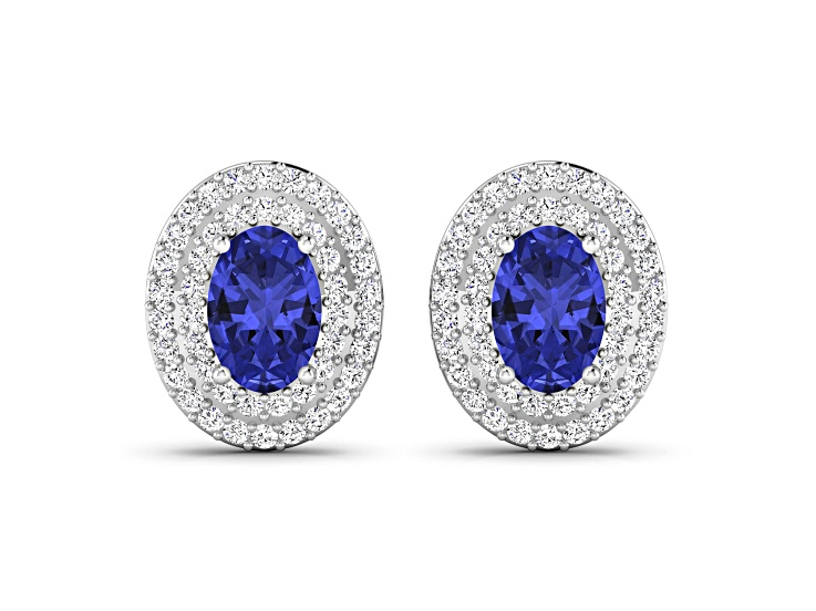 Violet Blue Tanzanite and White Diamond 14K White Gold Halo Stud Earrings