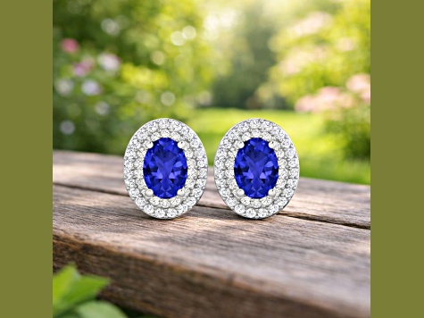 Violet Blue Tanzanite and White Diamond 14K White Gold Halo Stud Earrings