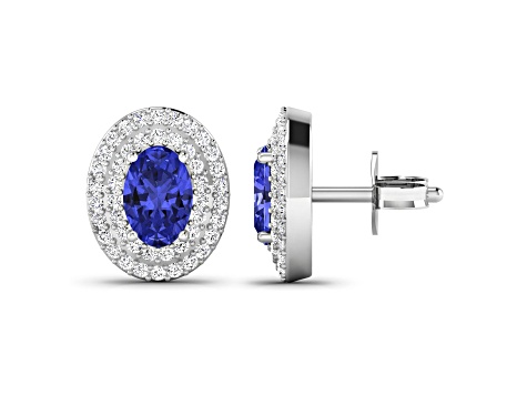 Violet Blue Tanzanite and White Diamond 14K White Gold Halo Stud Earrings