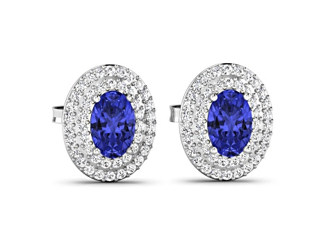 Violet Blue Tanzanite and White Diamond 14K White Gold Halo Stud Earrings