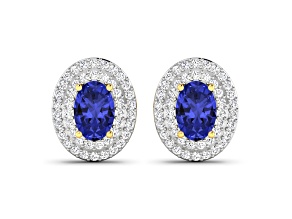 Violet Blue Tanzanite and White Diamond 14K Yellow Gold Halo Stud Earrings