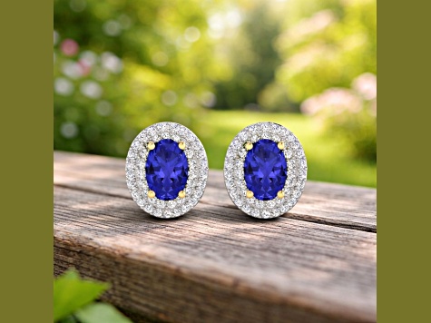 Violet Blue Tanzanite and White Diamond 14K Yellow Gold Halo Stud Earrings
