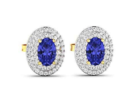 Violet Blue Tanzanite and White Diamond 14K Yellow Gold Halo Stud Earrings