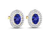 Violet Blue Tanzanite and White Diamond 14K Yellow Gold Halo Stud Earrings