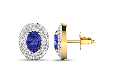 Violet Blue Tanzanite and White Diamond 14K Yellow Gold Halo Stud Earrings