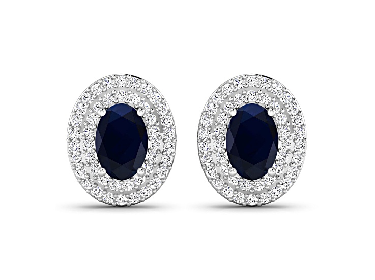 Blue Sapphire and White Diamond 14K White Gold Halo Stud Earrings