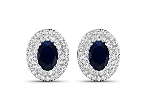 Blue Sapphire and White Diamond 14K White Gold Halo Stud Earrings