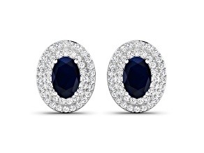 Blue Sapphire and White Diamond 14K White Gold Halo Stud Earrings