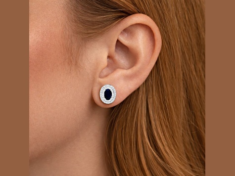 Blue Sapphire and White Diamond 14K White Gold Halo Stud Earrings