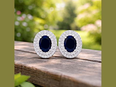 Blue Sapphire and White Diamond 14K White Gold Halo Stud Earrings